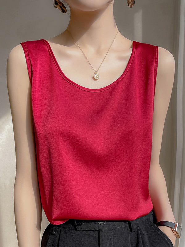 Solid Color Loose Sleeveless Round-Neck Vest Top