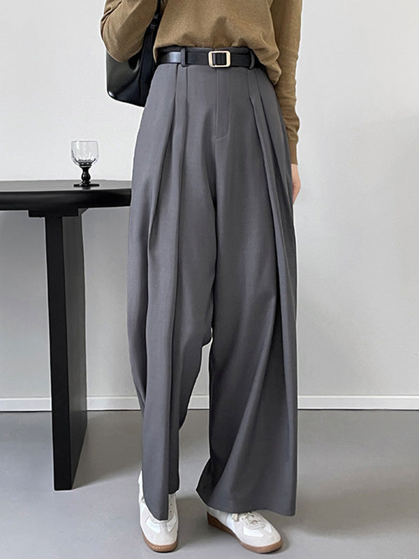 Casual Loose Wide Leg Pleated Solid Color Pants