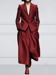 Striped Long Sleeves Loose Notched Collar Outerwear Blazer