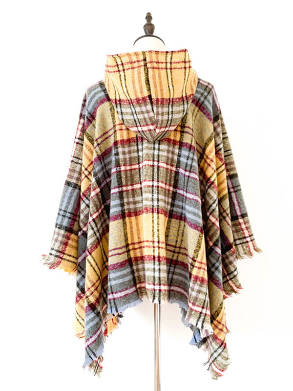 Fringed Hooded Keep Warm Plaid Shawl&Cloak Cape