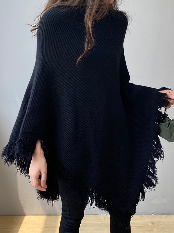Casual Loose Tasseled Solid Color High-Neck Sweater Tops
