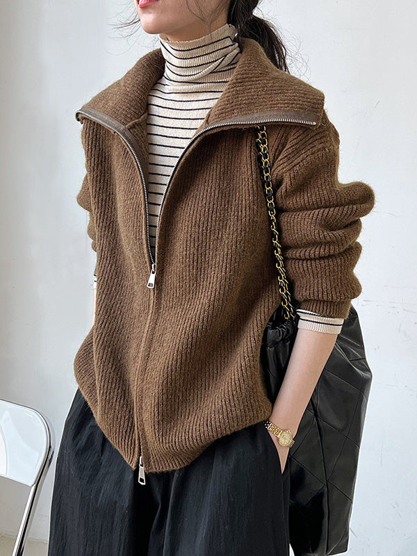 Solid Color Zipper Long Sleeves Loose Lapel Cardigan Tops
