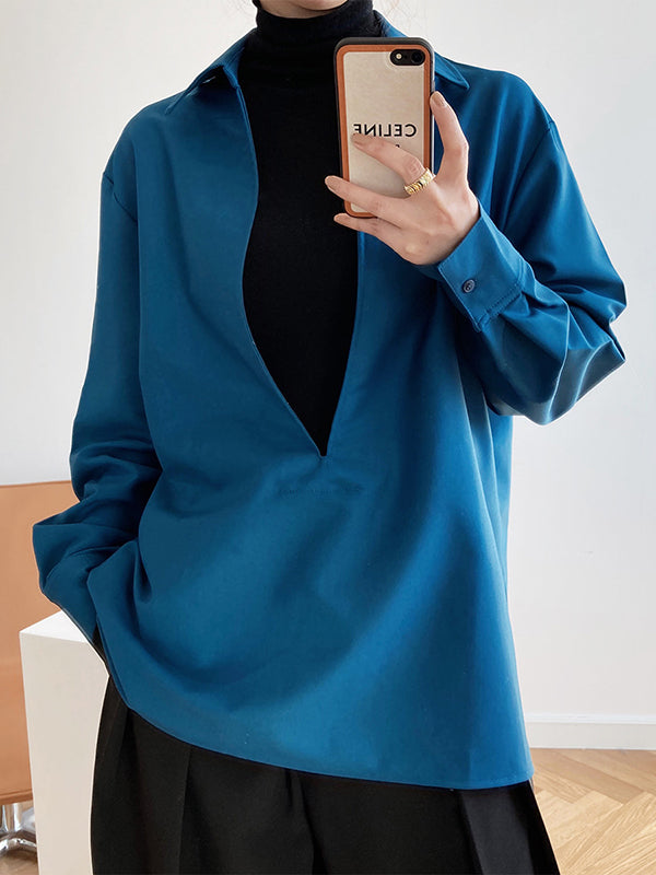 Solid Color Long Sleeves Loose Lapel Blouses