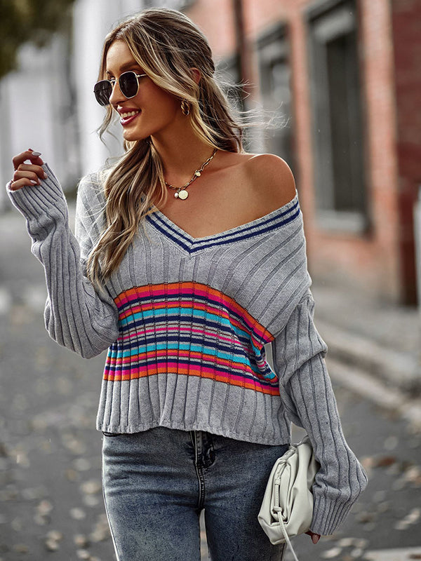 Casual Long Sleeves Striped V-Neck Sweater Tops