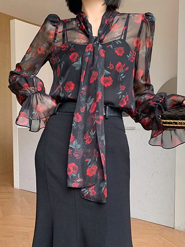 Elasticity Flower Print Mesh Tied Flared Sleeves Long Sleeves V-Neck Blouses&Shirts Tops