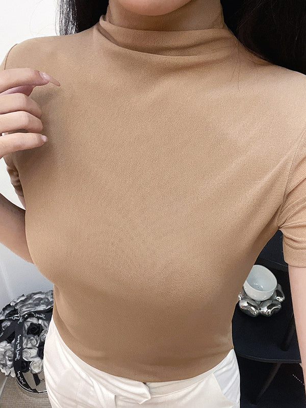 Solid Color Half Sleeves Skinny High Neck T-Shirts Tops