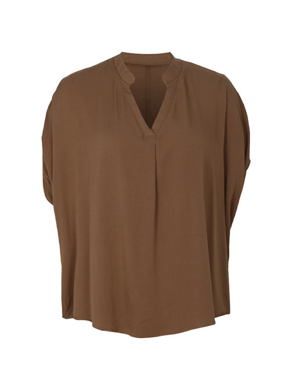 Solid Color Split-Joint Batwing Sleeves Loose V-Neck T-Shirts