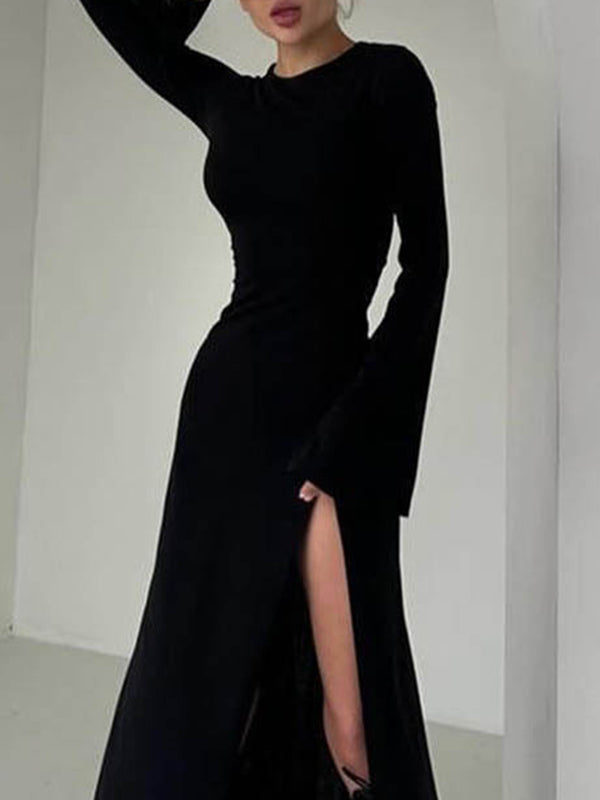 Asymmetric Solid Color Split-Joint Split-Side Long Sleeves Loose Round-Neck Maxi Dresses