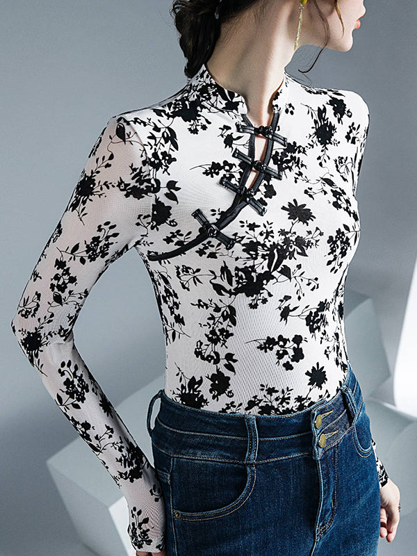 Buttoned Flower Print Mesh Long Sleeves Skinny Mock Neck T-Shirts Tops