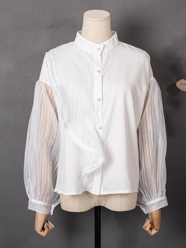 Asymmetric Buttoned See-Through Solid Color Split-Joint Long Sleeves Loose Stand Collar Blouses&shirts Tops