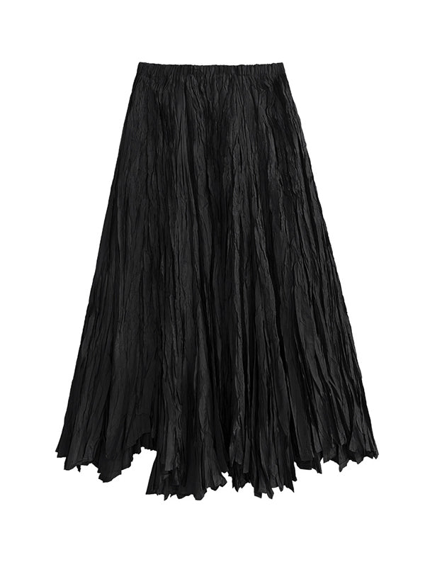 High-Waisted Pleated Solid Color A-Line Irregular Clipping Skirts