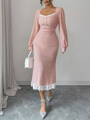 Lacy Pleated Solid Color Split-Joint Zipper Bodycon High Waisted Square-Neck Midi Dresses