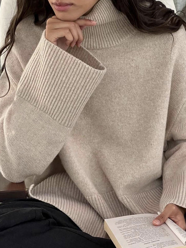 Pleated Solid Color Split-Side Long Sleeves Loose High Neck Sweater Tops