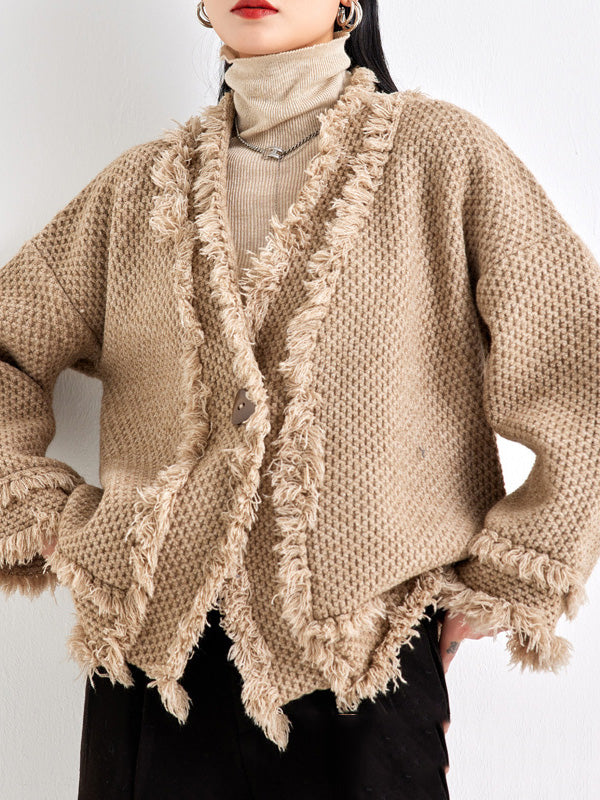 Buttoned Fringed Solid Color Long Sleeves Loose V-Neck Cardigan Tops