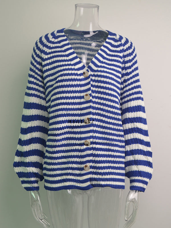 Casual Loose Long Sleeves Striped V-Neck Cardigan Tops