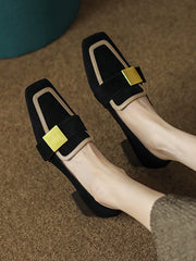 Contrast Color Square-Toe Mid Heels Loafers