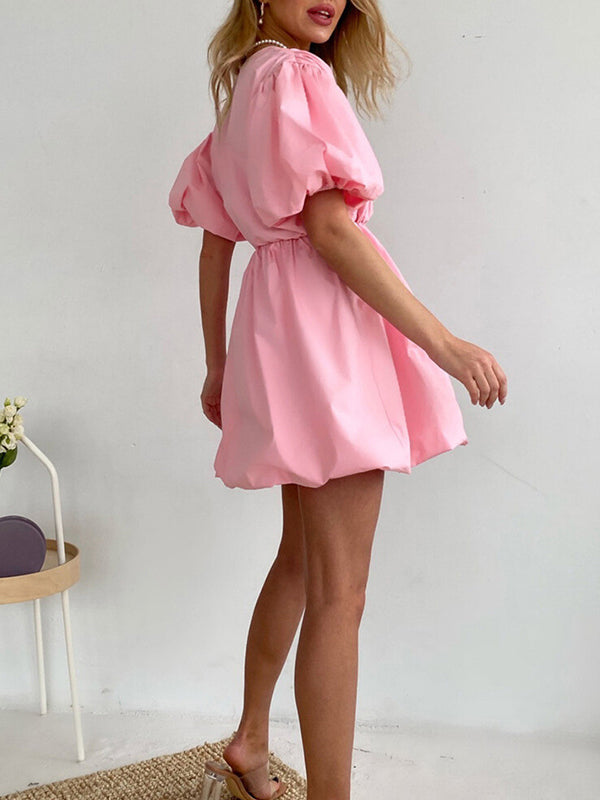 Pleated Solid Color Split-Joint Loose Puff Sleeves V-Neck Mini Dresses