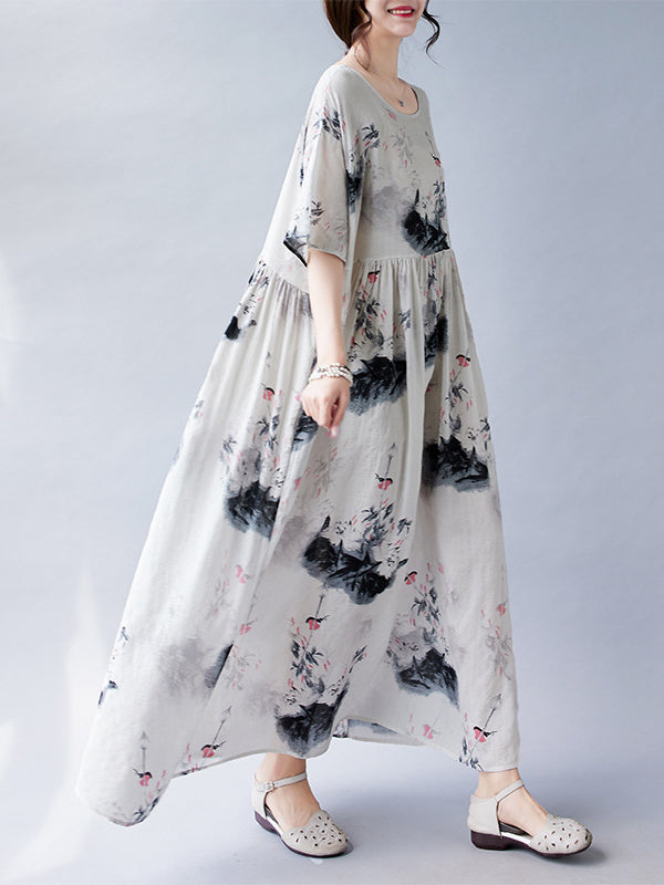 Pleated Printed Split-Joint Loose Short Sleeves Round-neck Midi Dresses
