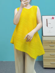 Pleated Solid Color Irregular Clipping Loose Round-Neck Vest Top