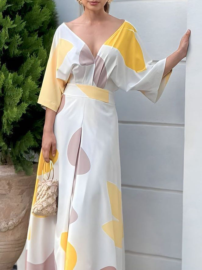 High-Waisted Printed Loose Raglan Sleeve Deep V-Neck Maxi Dresses