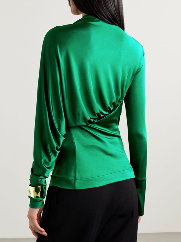 Hollow Pleated Solid Color Long Sleeves V-Neck Blouses&Shirts Tops