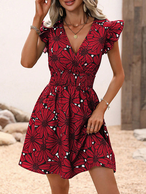 Elasticity Flower Print A-Line Loose V-Neck Mini Dresses