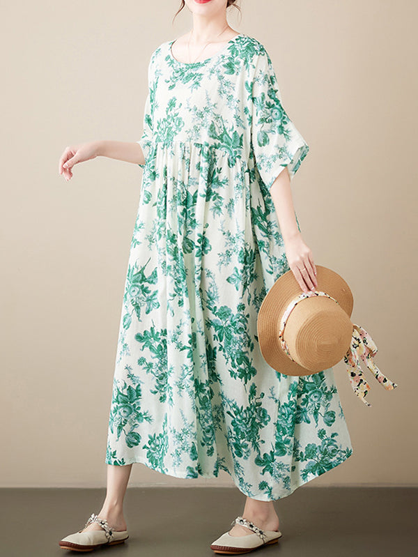 Floral Printed Pleated Split-Joint Loose Short Sleeves Round-Neck Midi Dresses