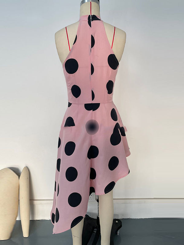 Asymmetric Polka-Dot Loose Sleeveless Halter-Neck Midi Dresses