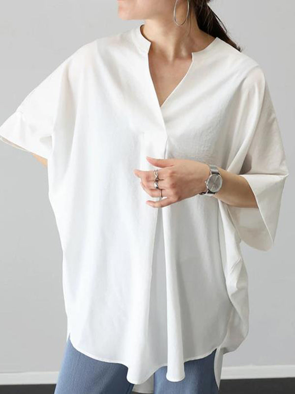 Pleated Solid Color Split-Joint Half Sleeves High-low V-neck Blouses&shirts Tops