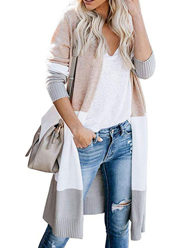 Contrast Color Long Sleeves Loose V-Neck Cardigan Tops