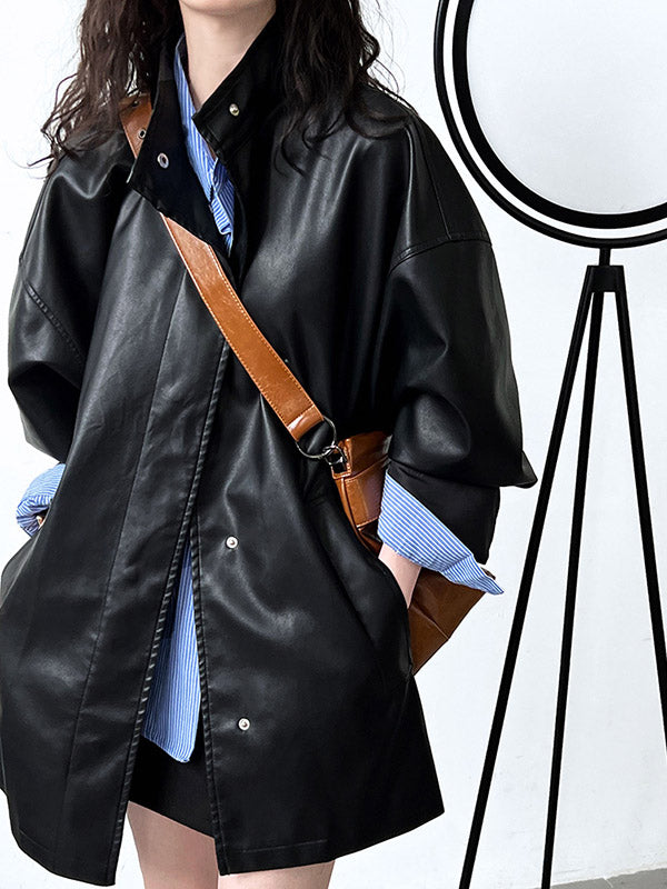 Buttoned Pockets Solid Color Long Sleeves Loose Stand Collar Outerwear