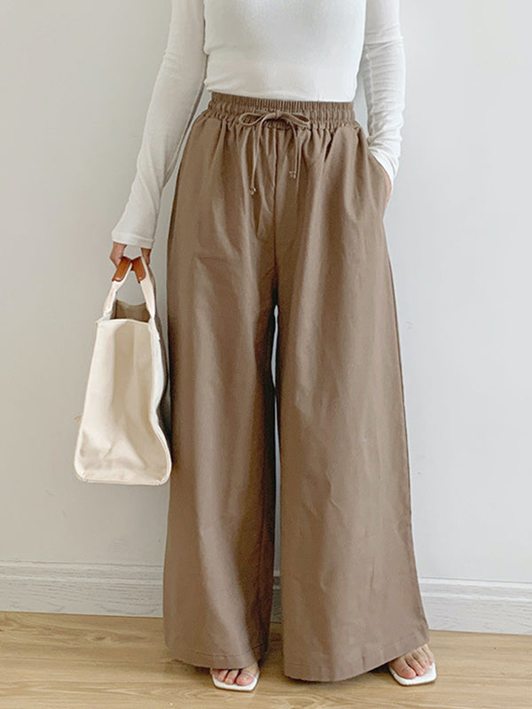 Drawstring Elasticity Pockets Solid Color High Waisted Loose Trousers Pants