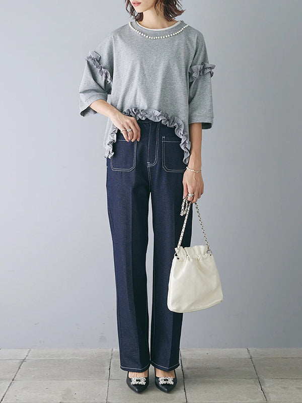 Beaded Ruffled Solid Color Half Sleeves Round-Neck T-Shirts Tops&Pants Two Pieces Set