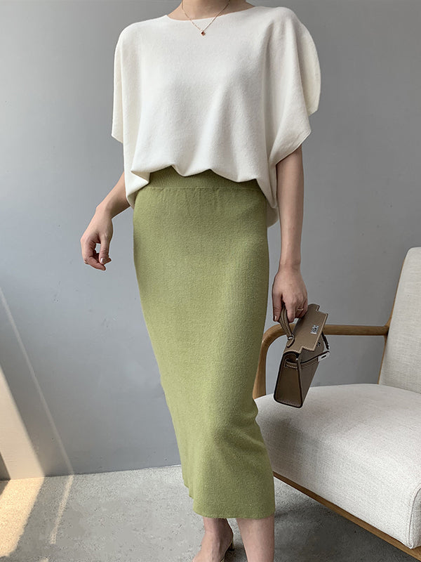 Solid Color Half Sleeves Loose Off-The-Shoulder Sweater Tops Pullovers Knitwear