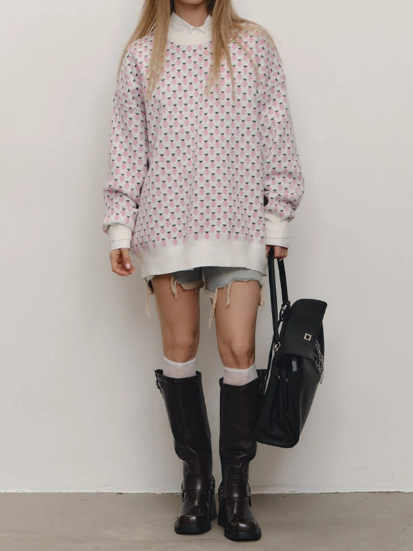 Pleated Split-Joint Long Sleeves Loose Round-Neck Sweater Tops