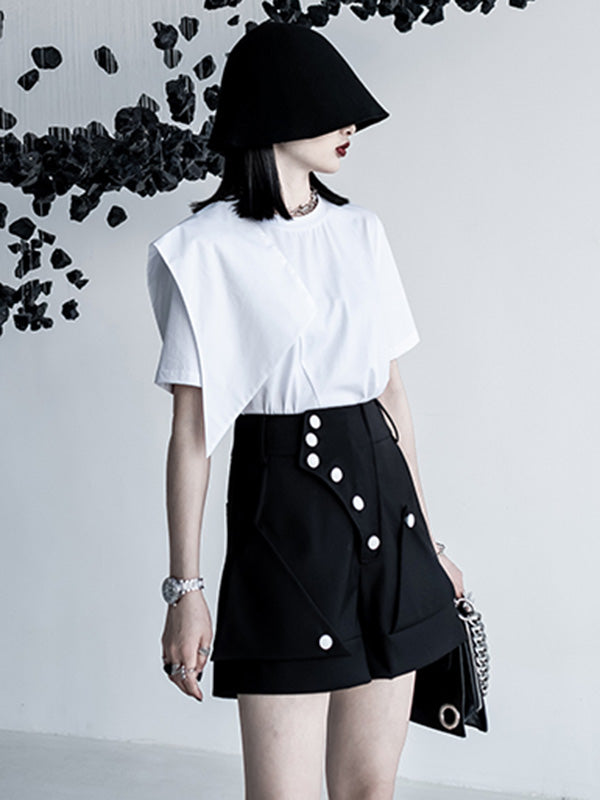 Urban Asymmetric Split-Front Solid Color Short Sleeves T-Shirt Top