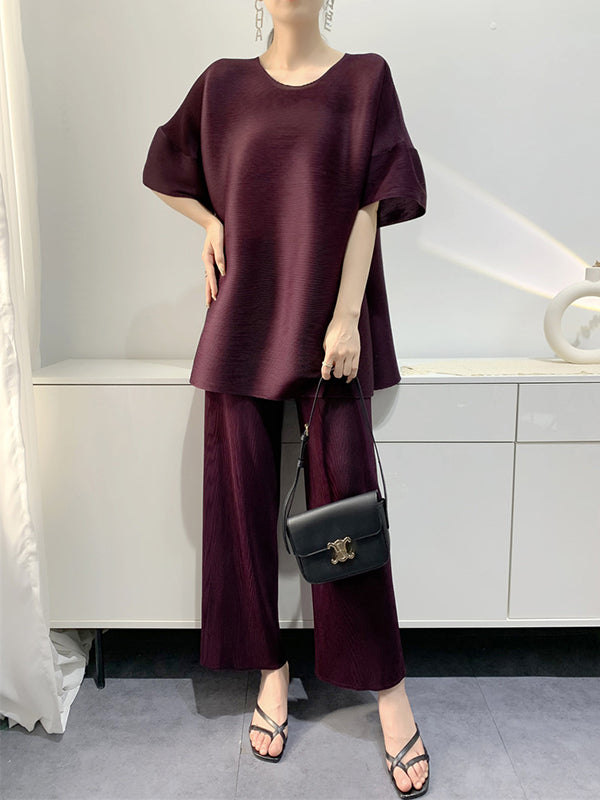 Elastics Pleated Solid Color Short Sleeves Wide Leg Round-neck Two Pieces Set