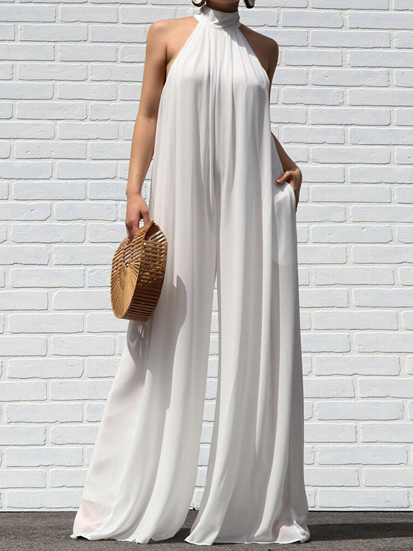 Sleeveless Wide Leg Solid Color High-Neck Jumpsuits