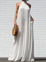 Sleeveless Wide Leg Solid Color High-Neck Jumpsuits