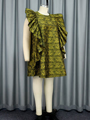 Flower Print Ruffled Zipper High Waisted Loose Round-Neck Mini Dresses