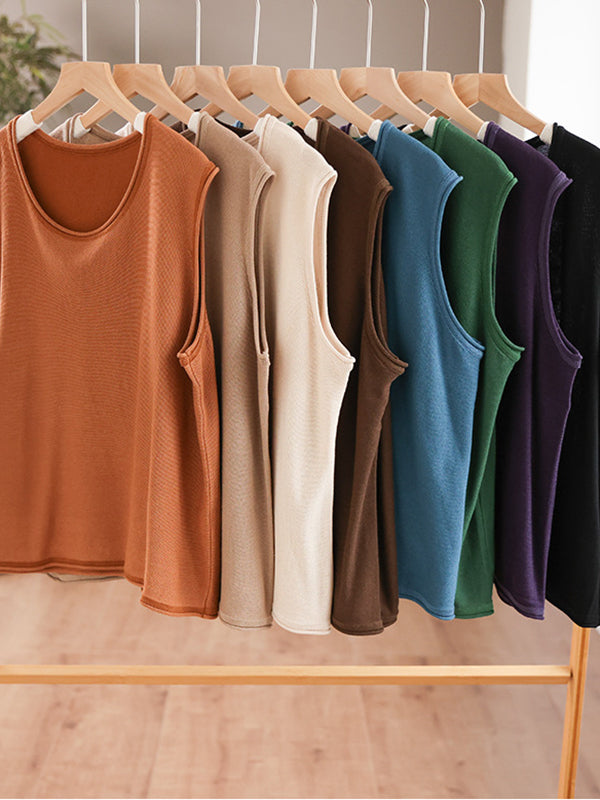 Solid Color Loose Sleeveless Round-neck Knitting Vest Top