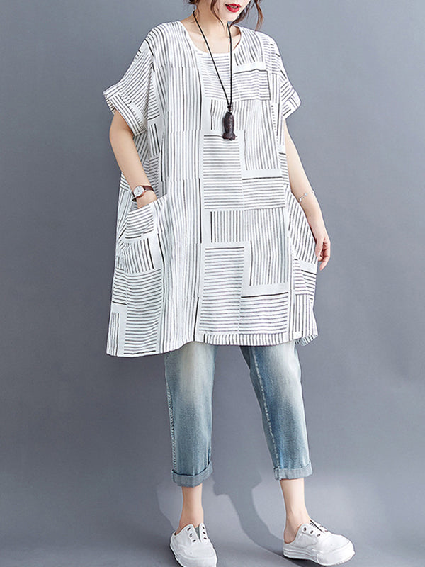 Plaid Striped Loose Short Sleeves Round-Neck T-Shirts Tops