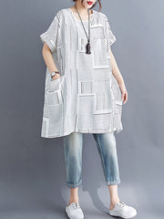 Plaid Striped Loose Short Sleeves Round-Neck T-Shirts Tops