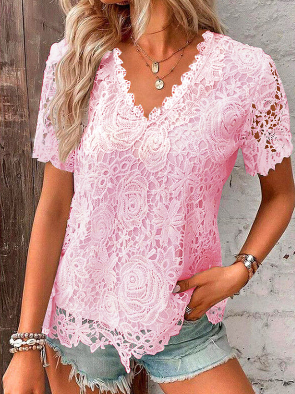 Embroidered Hollow Solid Color Split-Joint Loose Plus Size V-Neck T-Shirts Tops