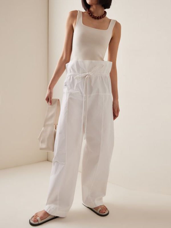 Drawstring Pockets Ruffled Solid Color Split-Joint Tied Waist High Waisted Loose Trousers Pants