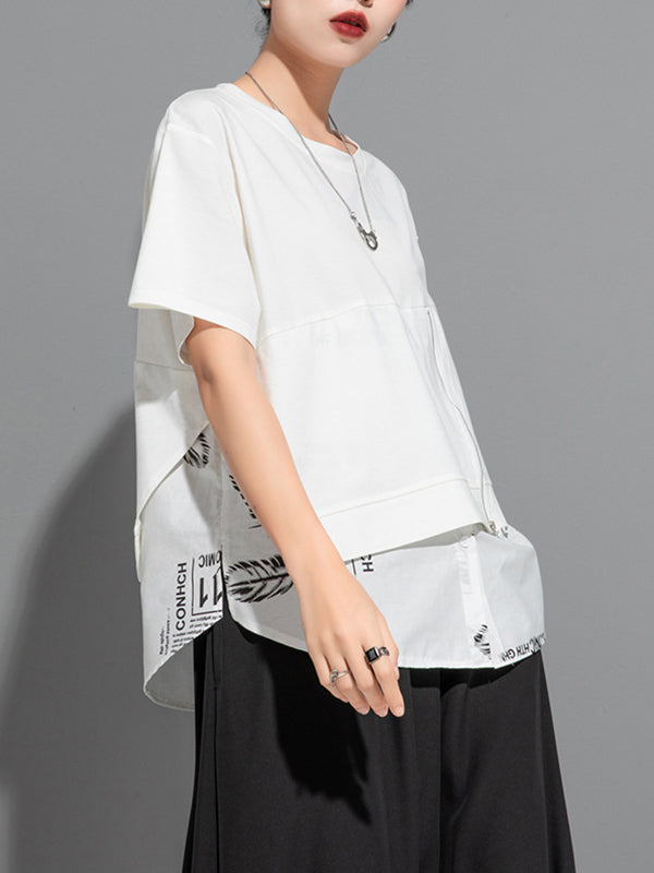 Printing Split-Joint False Two Loose Round-neck T-Shirts Tops