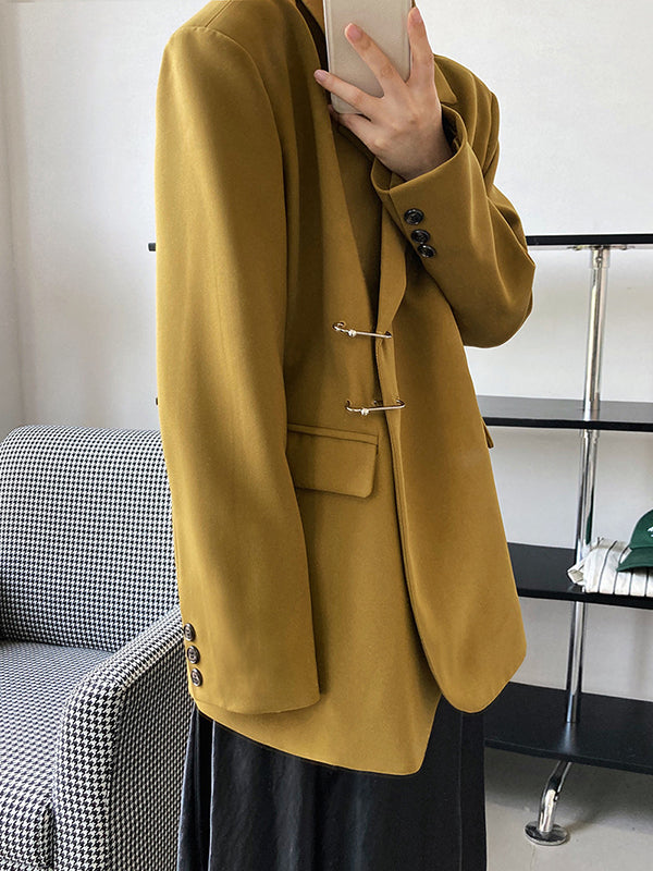 Urban Long Sleeves Loose Solid Color Pin Lapel Collar Suit Outerwear