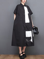 Original Loose Short Sleeves Buttoned Contrast Color Printed Midi Dresses