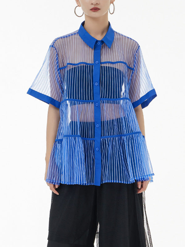 Original Short Sleeves Loose Buttoned Mesh Pleated Solid Color Blouses&Shirts Tops