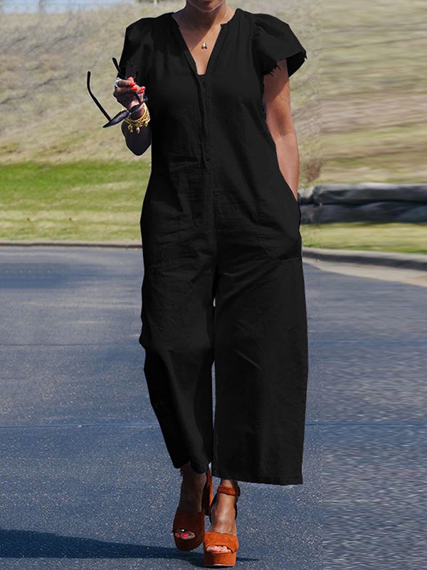 Fringed Pleated Pockets Solid Color Loose Ruffle Sleeves V-Neck Jumpsuits